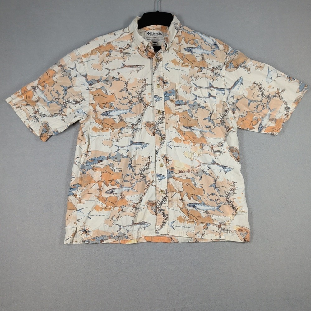 Columbia Button Up Shirt Mens L Everglades‎ Fish Map Outdoor FM7033
